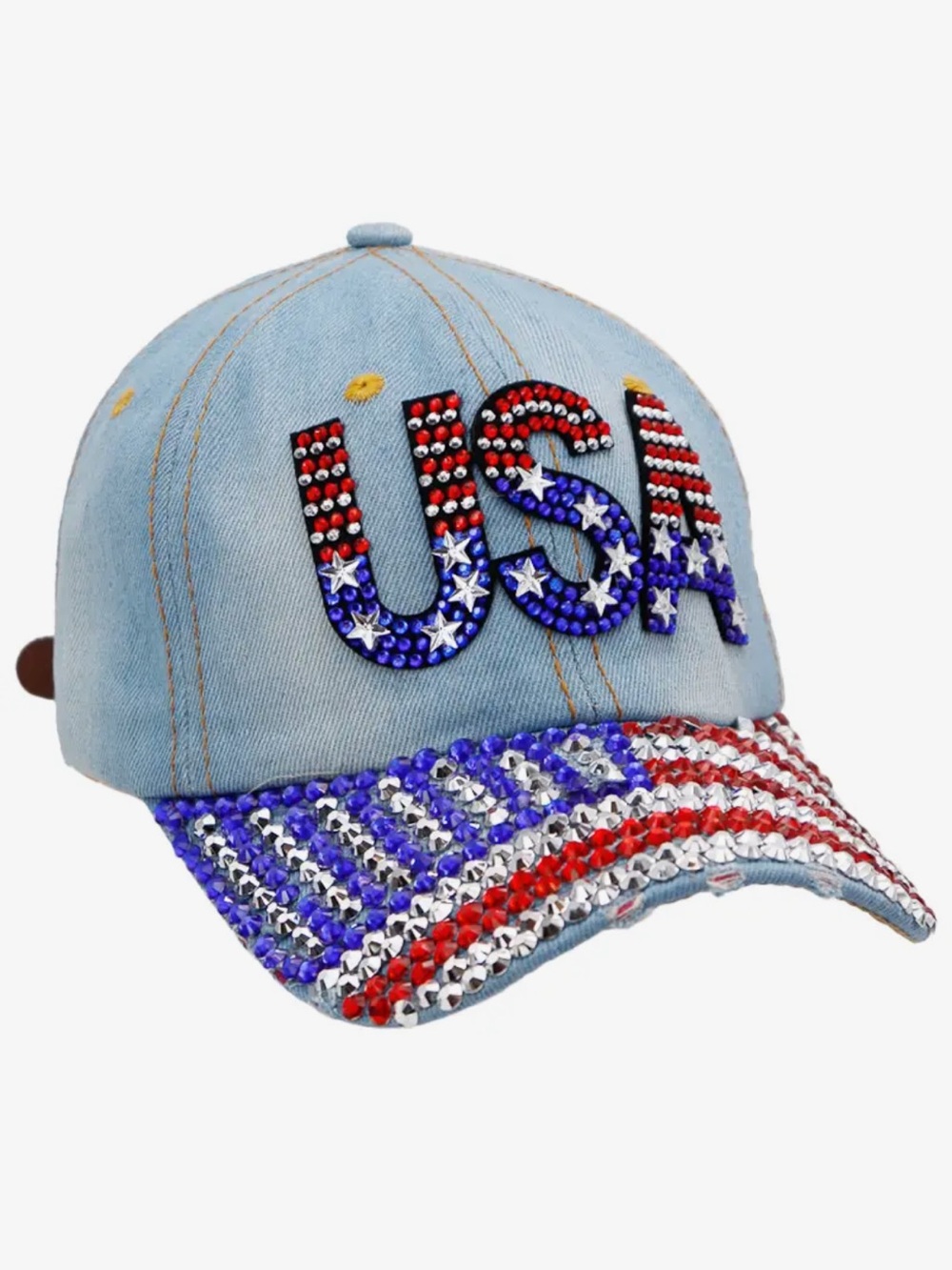 Embellished USA Denim Baseball Cap - Red, White & Blue